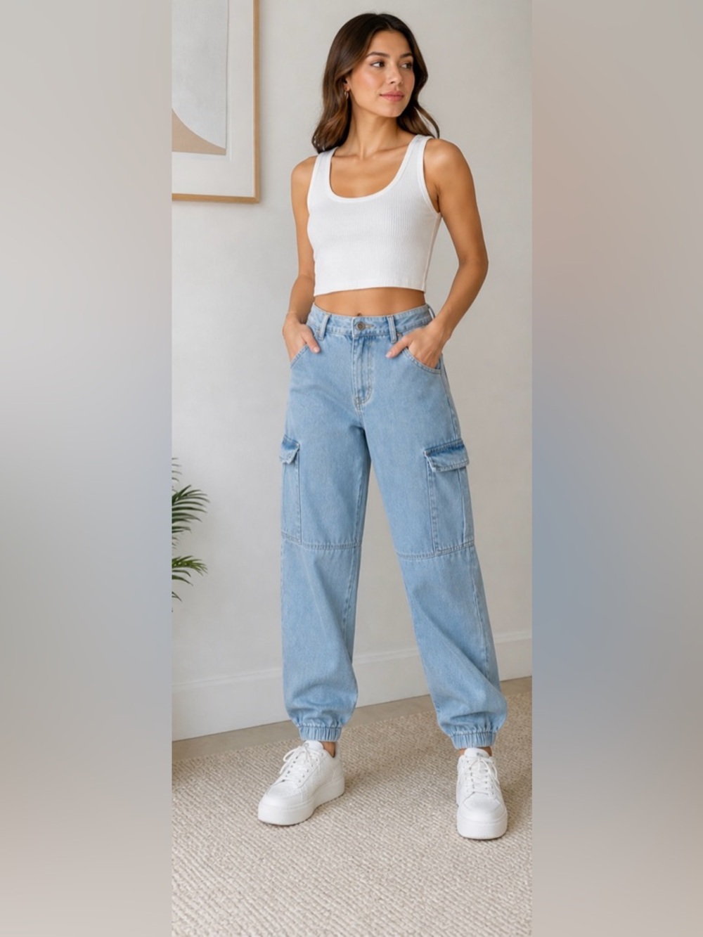 ZARA Light Wash Denim Cargo Jogger jeans Drawstring